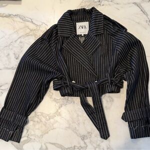 Zara Black and White Striped Jean Jacket